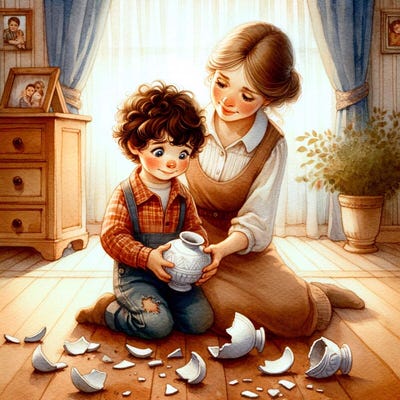 Alex and the Spirited Bounce A child with his mother next to a broken vase